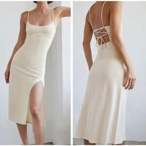 Aritzia Wilfred Dreamweaver Minimalist Slit Lace-Up White Eggshell Dress Sz M